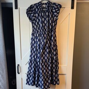 J. Crew Blue and White Leaf Pattern Midi Dress